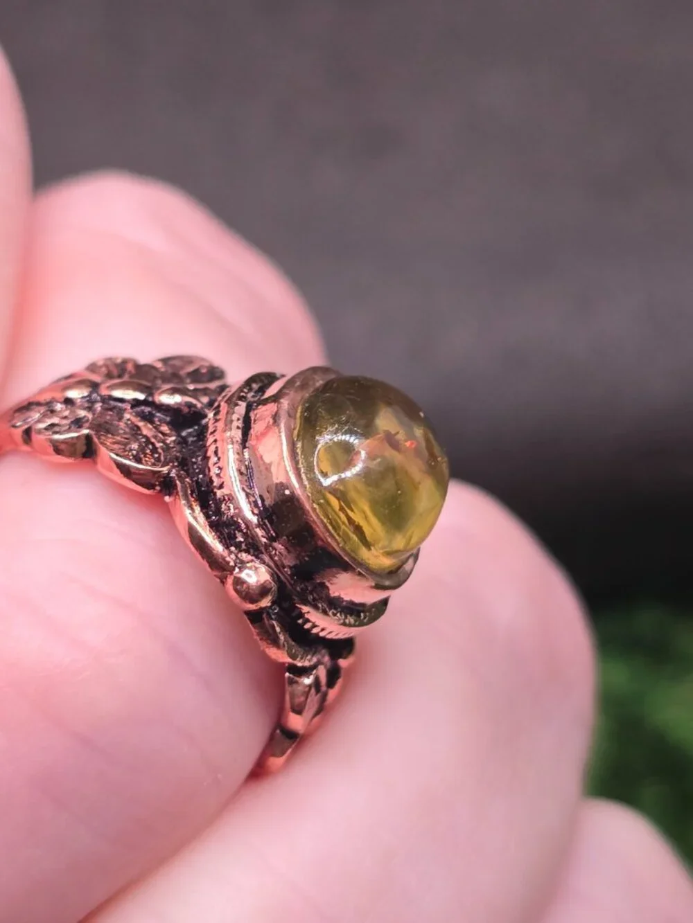 Amber Copper Floral Ring Size 7 Oval Honey Gemstone Statement Jewelry